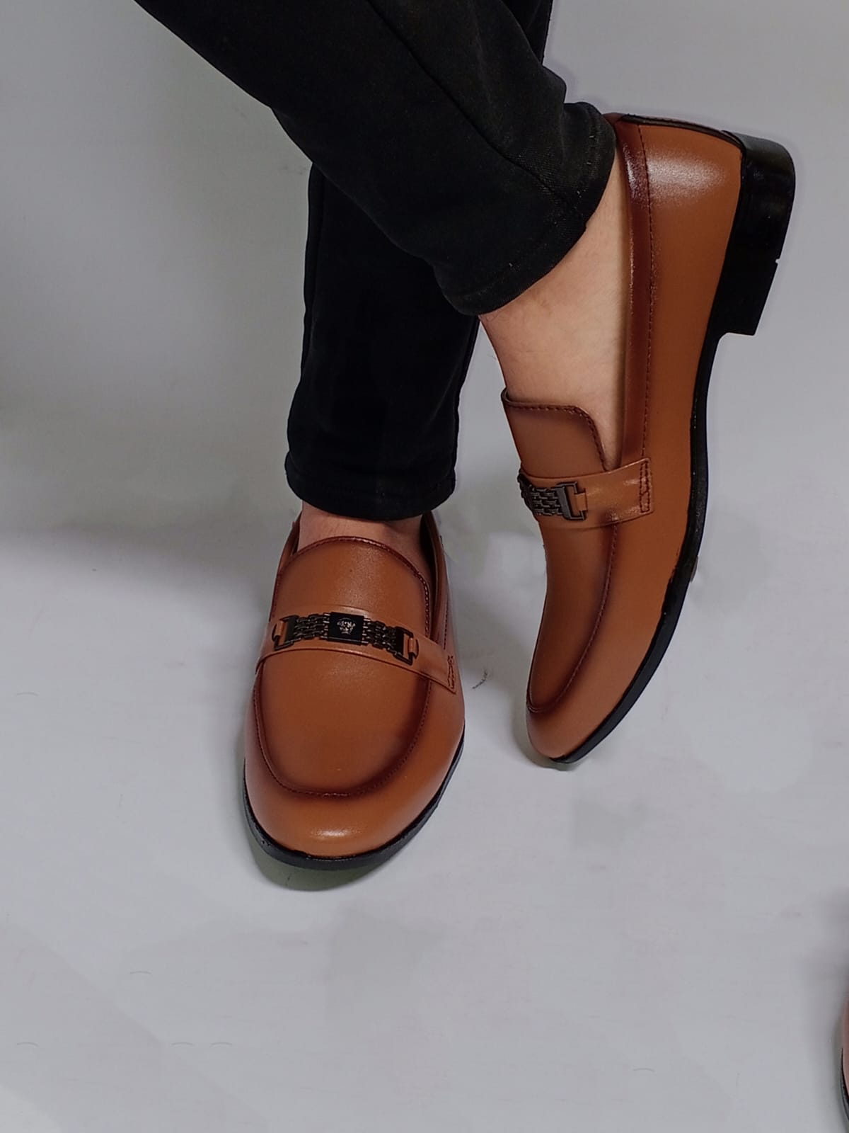 Brown Dual-Tone Loafers with Buckle Accent