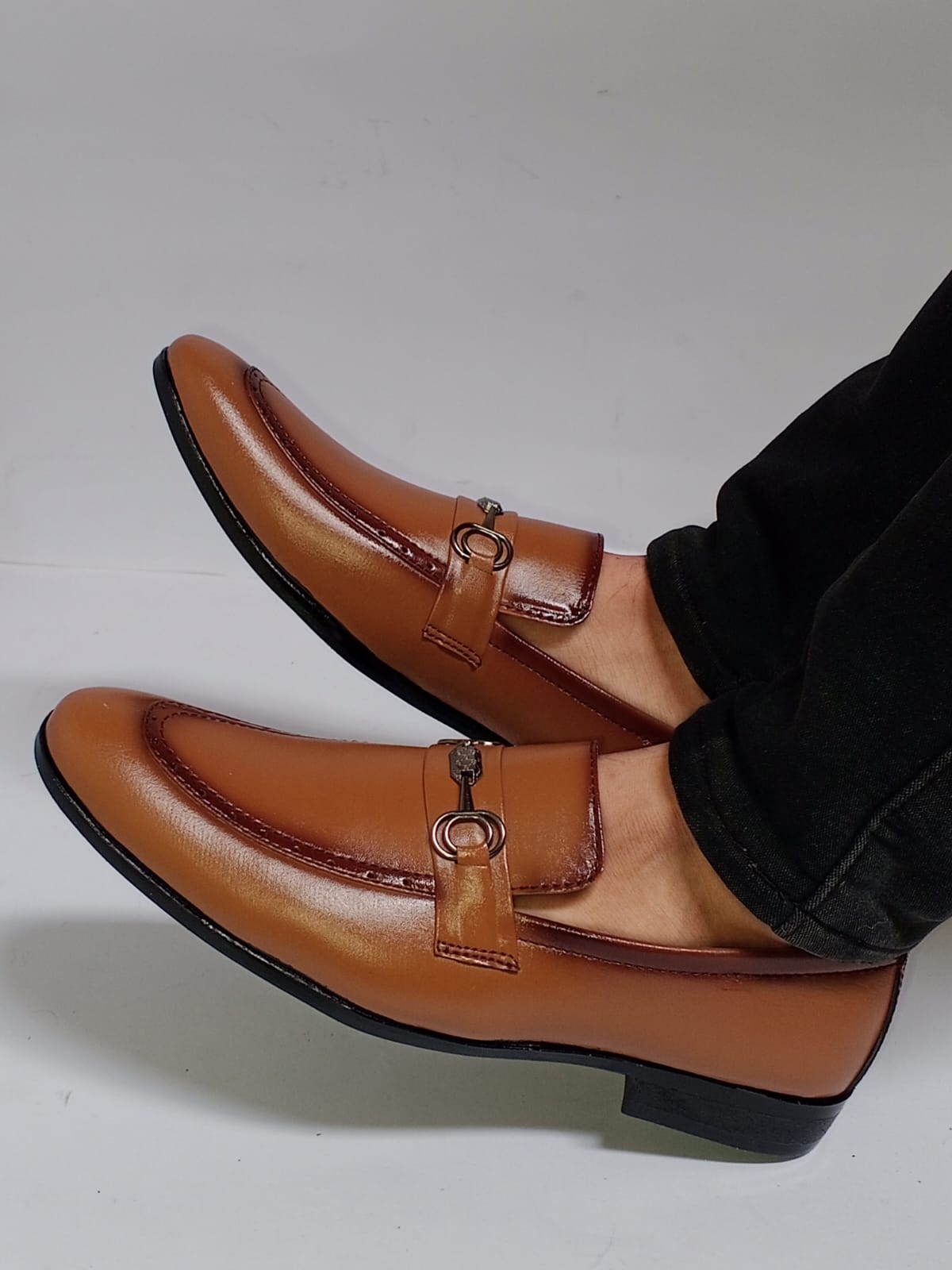 Brown Dual-Tone Loafers with Buckle Accent
